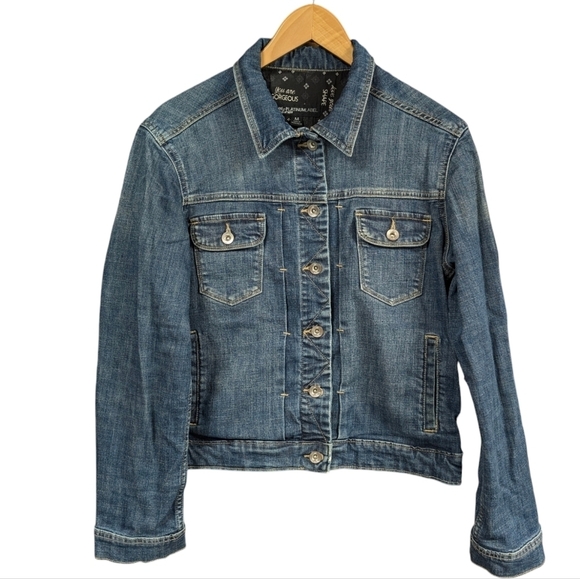 LEE PLATINUM Trucker Jacket Denim Blue Jean Fitted Cropped Stretch Medium - Picture 2 of 9